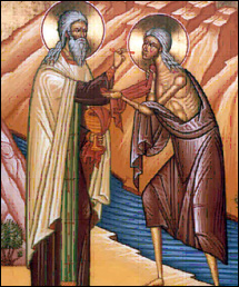 Elder Zosima gives holy communion to St. Mary of Egypt